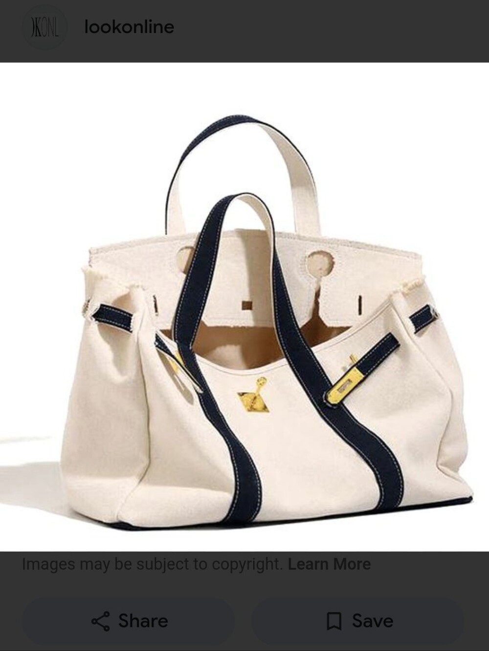 Boatkin Canvas Tote Bag Cream Navy Blue Gold Hardware. NEW